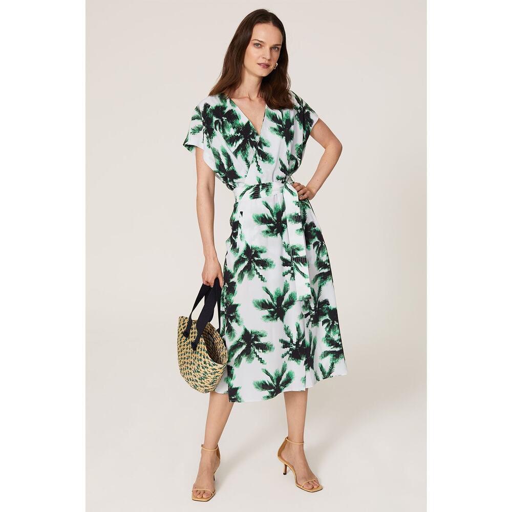 Equipment White Green Bijou Tropical Palm Leaf Print Belted Midi Dress Size 2